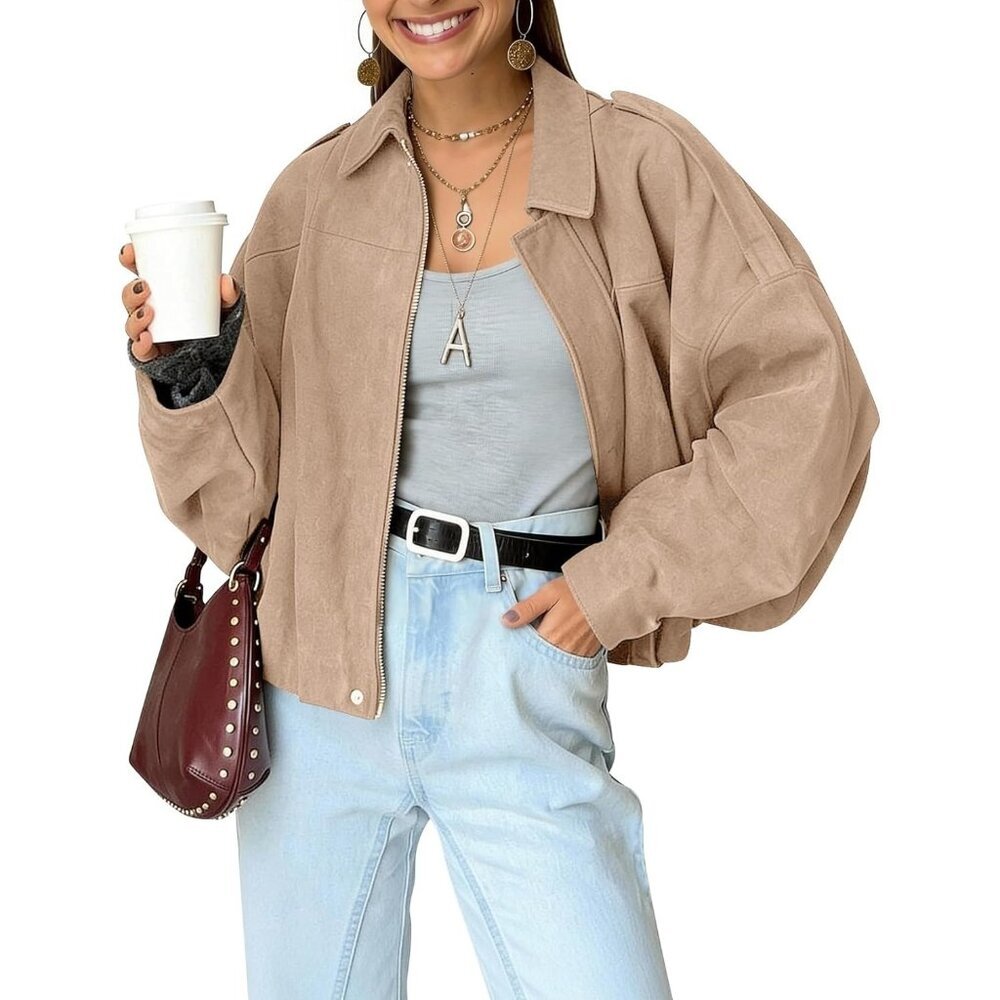 Women's Faux Suede Bomber Jacket Oversized Long Sleeve Zip Up Cropped Khaki